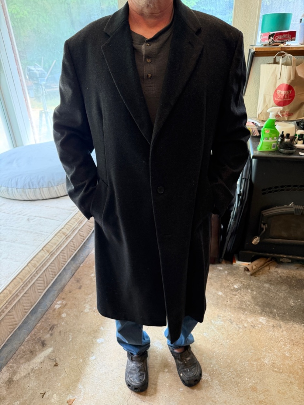 Men's Black Long Pea Coat - Single-Breasted Wool Blend with Silk Lining